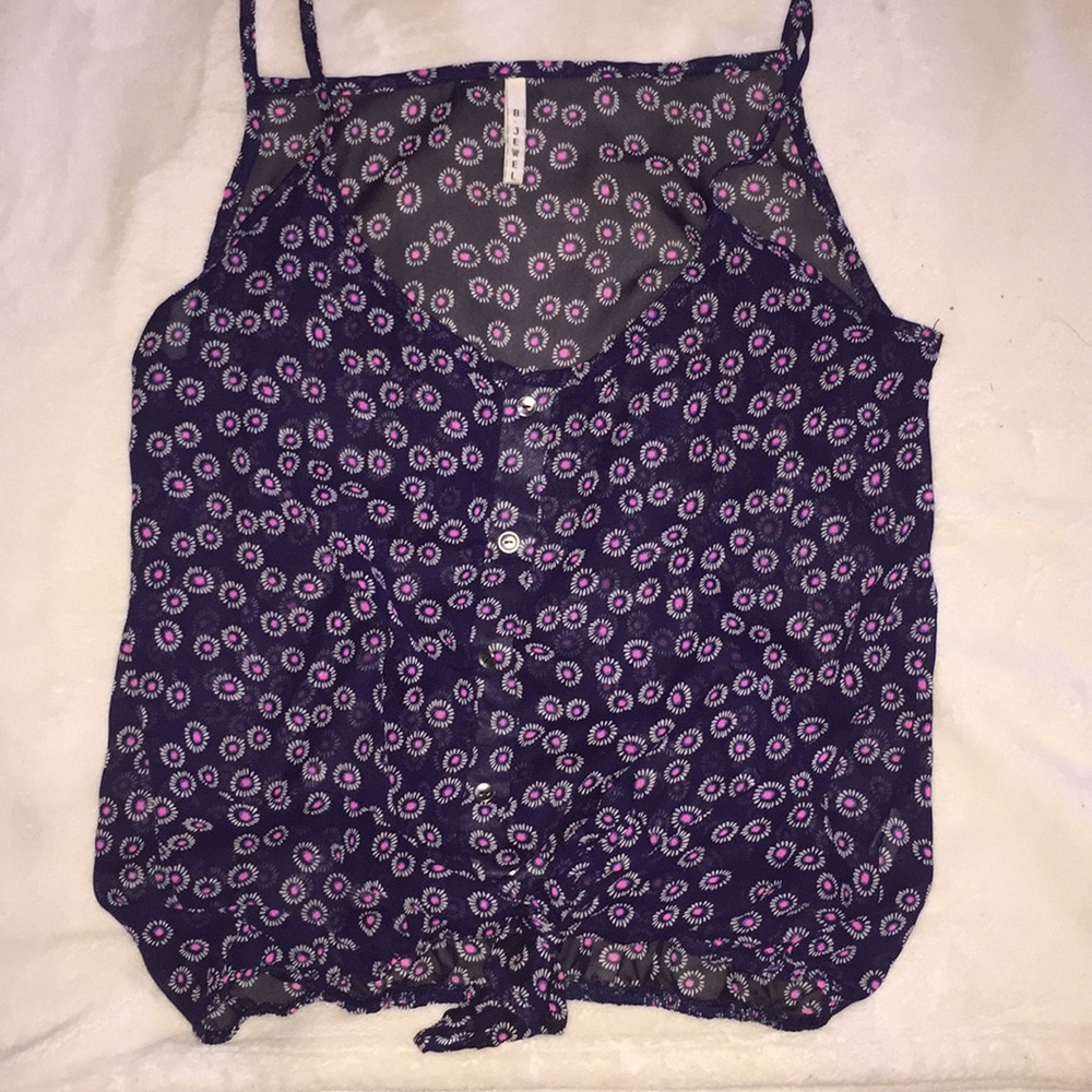 Button Down Navy Blue Sheer Tank w/ Flowers